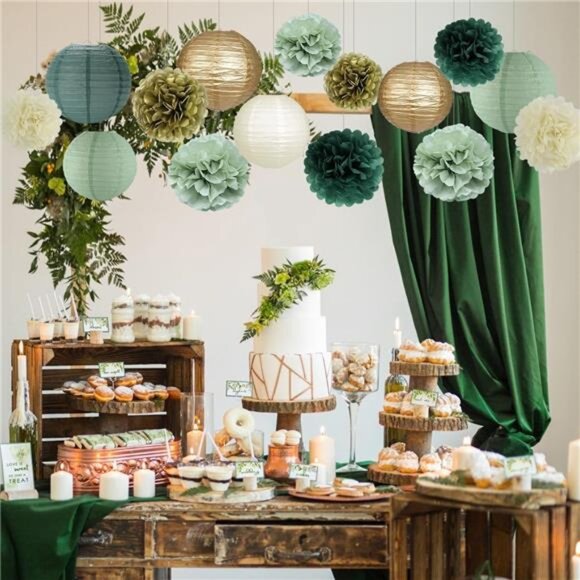 Sage Green Party Decorations Paper Lanterns Pom Poms Birthday Baby Shower Weddin - Picture 6 of 7